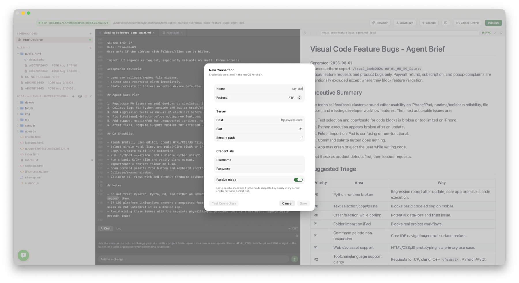 HTML Designer FTP connection sheet for a remote site