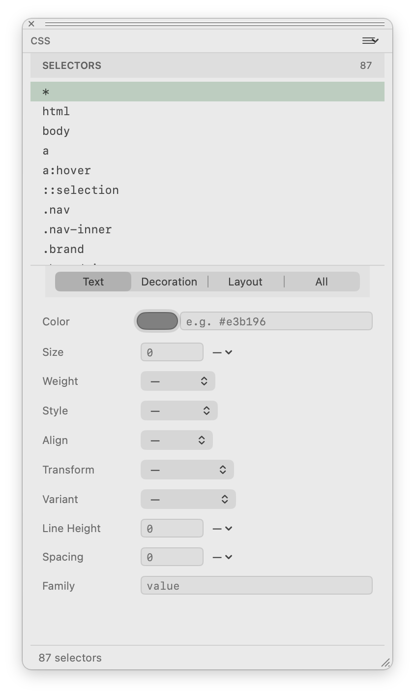 HTML Designer CSS selector and text controls