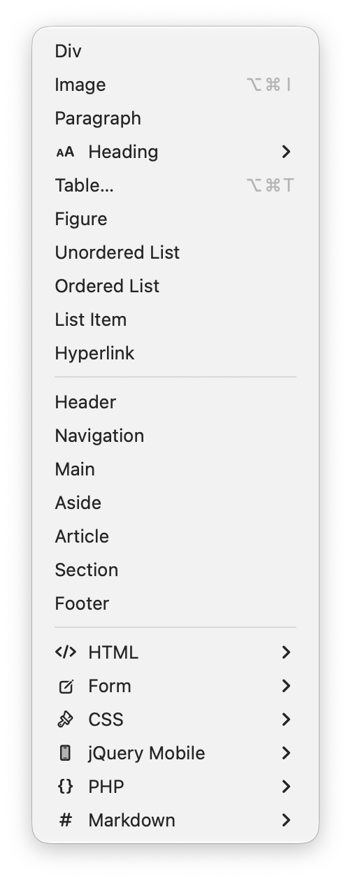 HTML Designer Insert menu