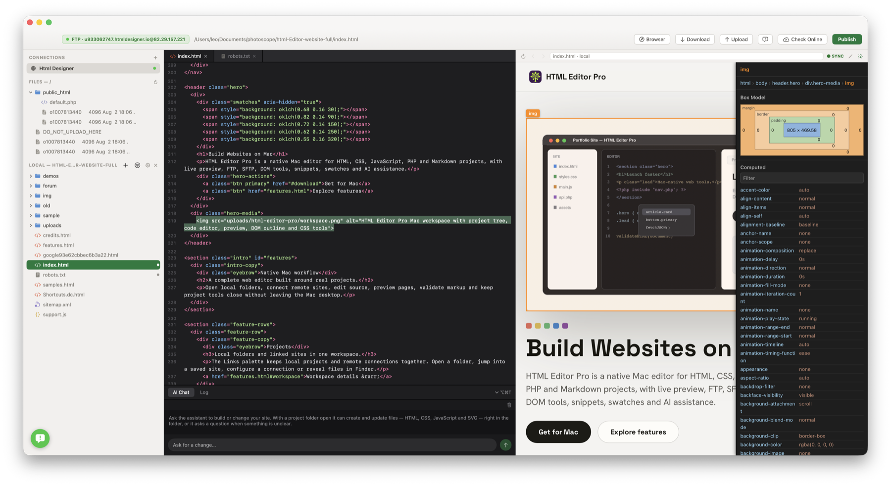 HTML Designer advanced preview inspector with box model and computed styles