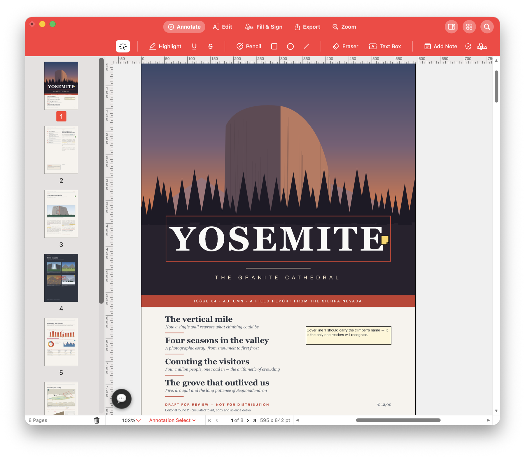 Pdf Editor document workspace with page thumbnails, annotation toolbar and a PDF cover page open