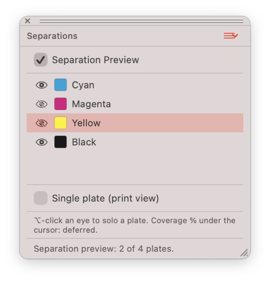 Separations palette showing cyan, magenta, yellow and black plates