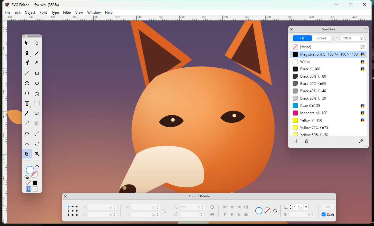 The Vector Designer window on Windows with the fox illustration at 353 per cent: the Toolbox on the left, the Swatches palette on the right and the Control palette along the bottom