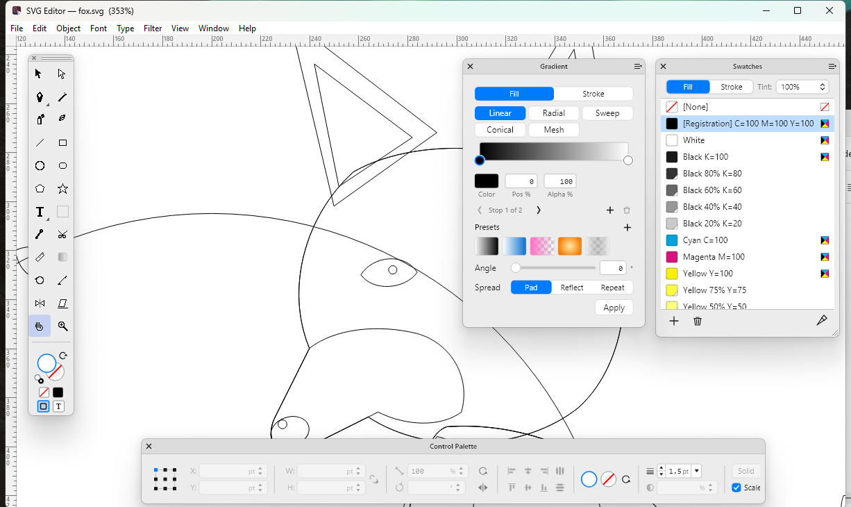 The fox illustration in View Outline mode with the Gradient palette open on a linear black-to-white ramp, next to the Swatches palette, and the Control palette along the bottom
