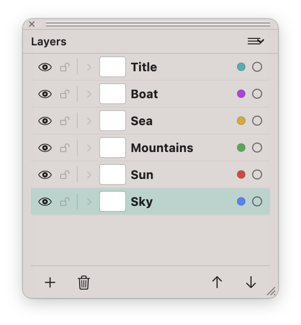 The Layers palette with named, color-coded layers